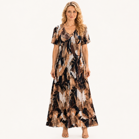 Ruched V-Neck Short Sleeve Dress withVintage Leaf Print Loose Fit Midi Dress