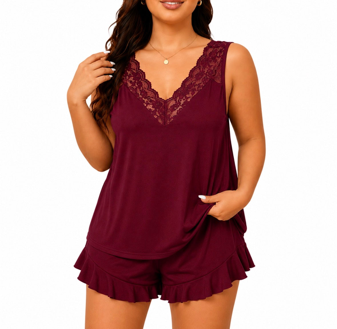 Plus Size 2-piece V-neck Lace Trim Sleeveless Tank and Shorts Set