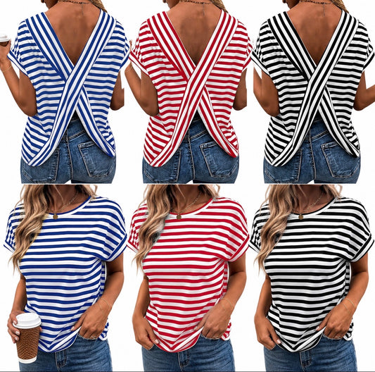 Plus Size Short Sleeve Backless Crossed Striped Top