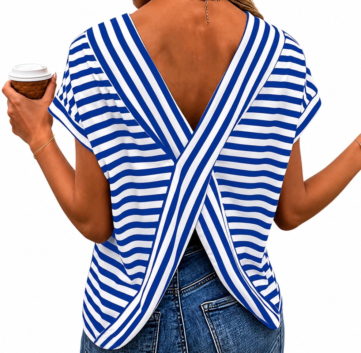 Plus Size Short Sleeve Backless Crossed Striped Top