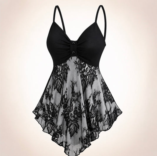 Black Lace Floral Asymmetrical Top