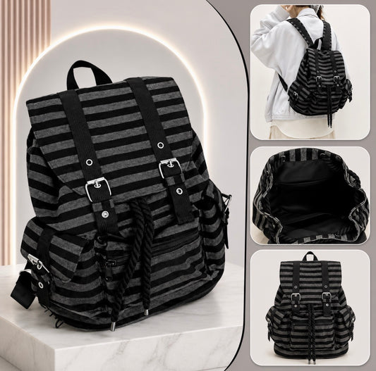 Black Striped Shoulder Backpack with Drawstring Closure and Magnetic Snap