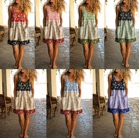 Retro Floral Patchwork Printed Sleeveless Romper