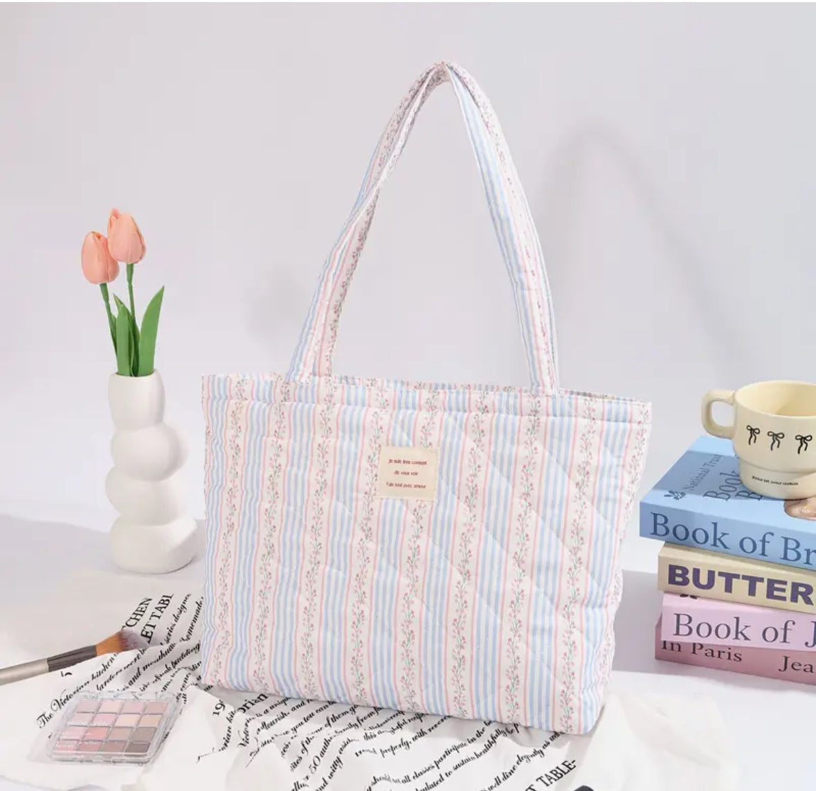 Quilted Corduroy Tote Bag with Fixed Handles