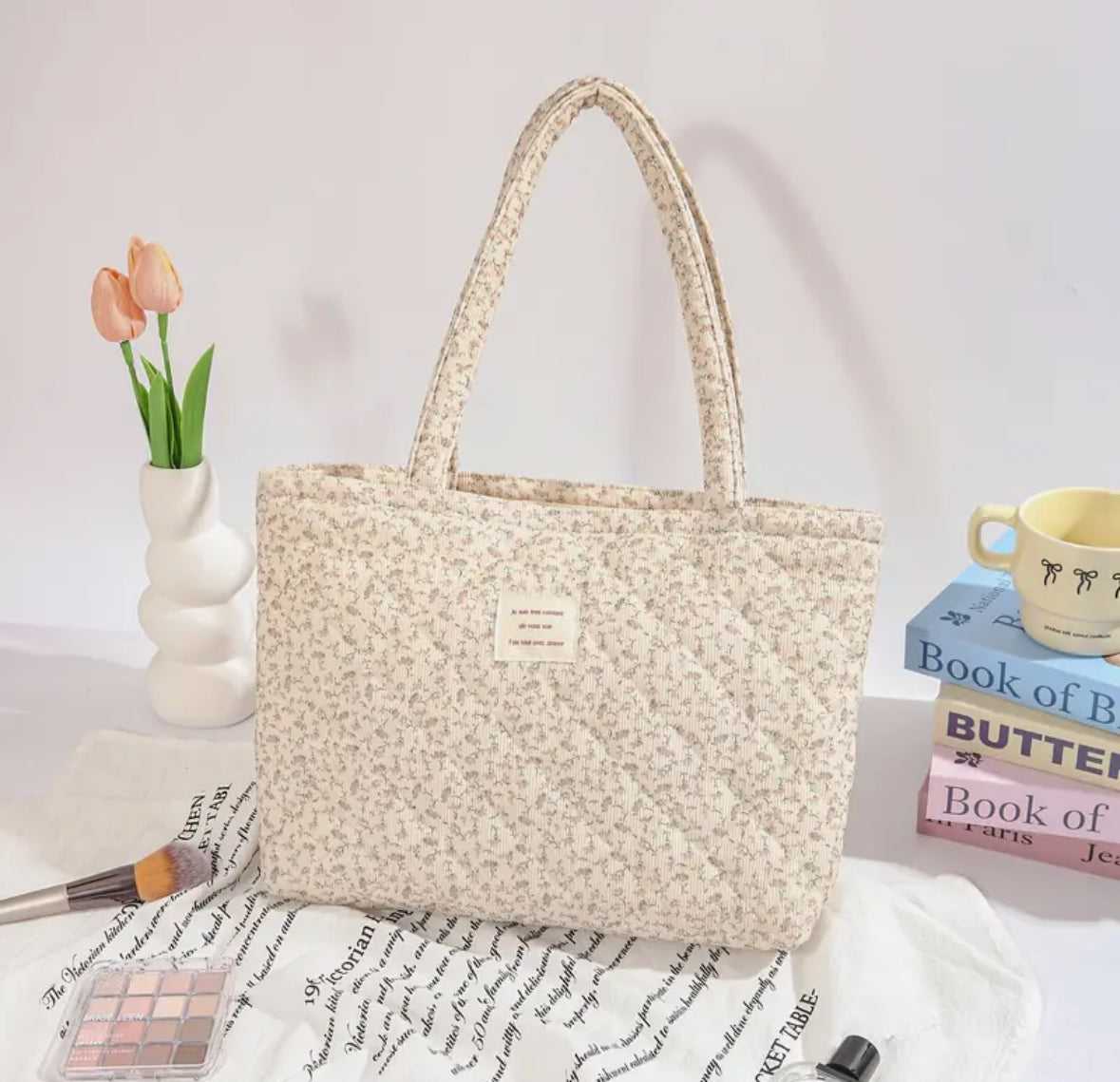 Quilted Corduroy Tote Bag with Fixed Handles