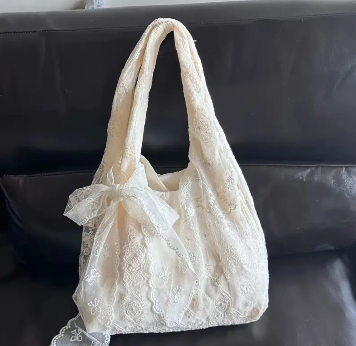 Lace-Like Embroidered Open Tote Bag