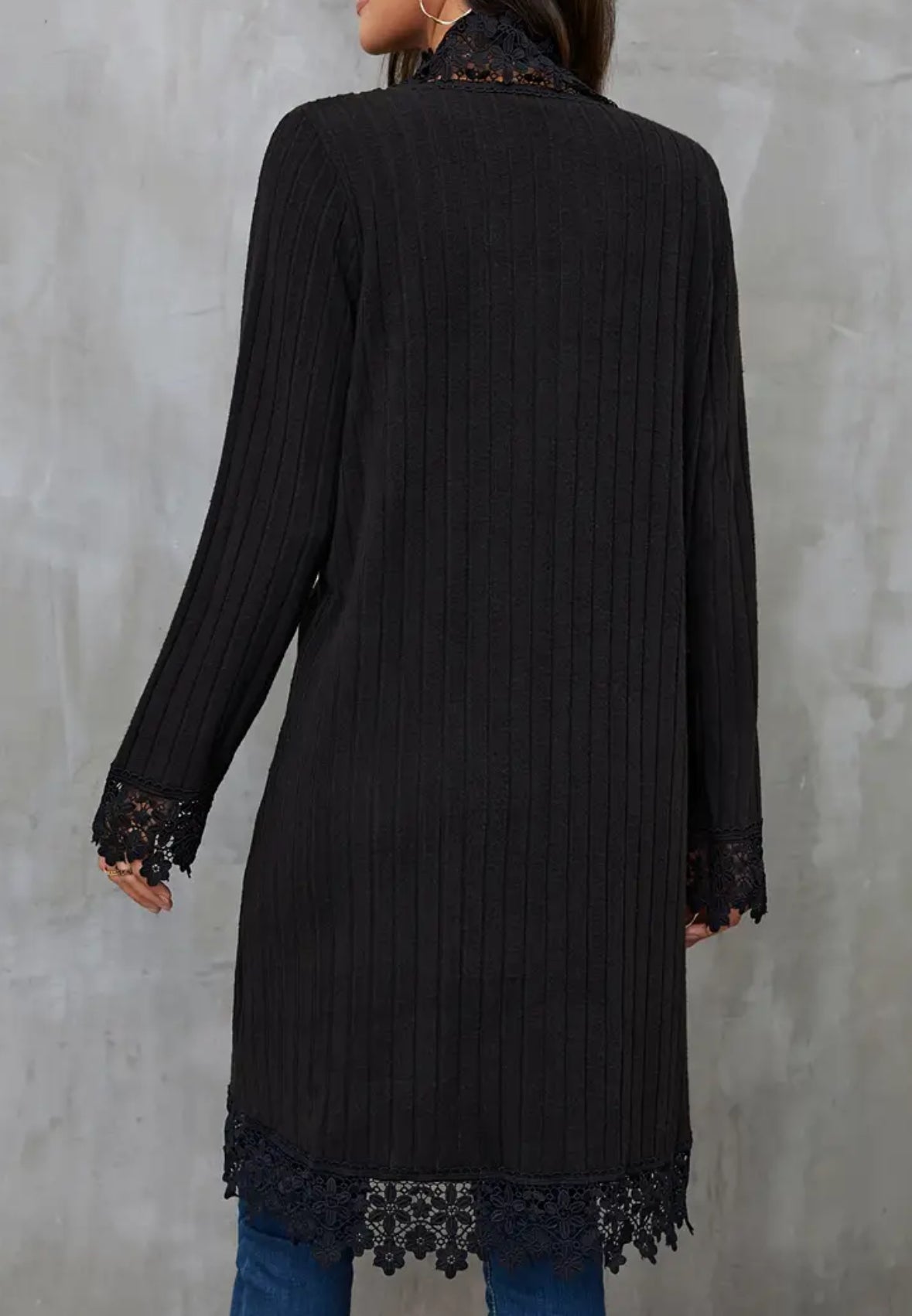 Open Front Lace Trim Mid-Length Cardigan Sweater