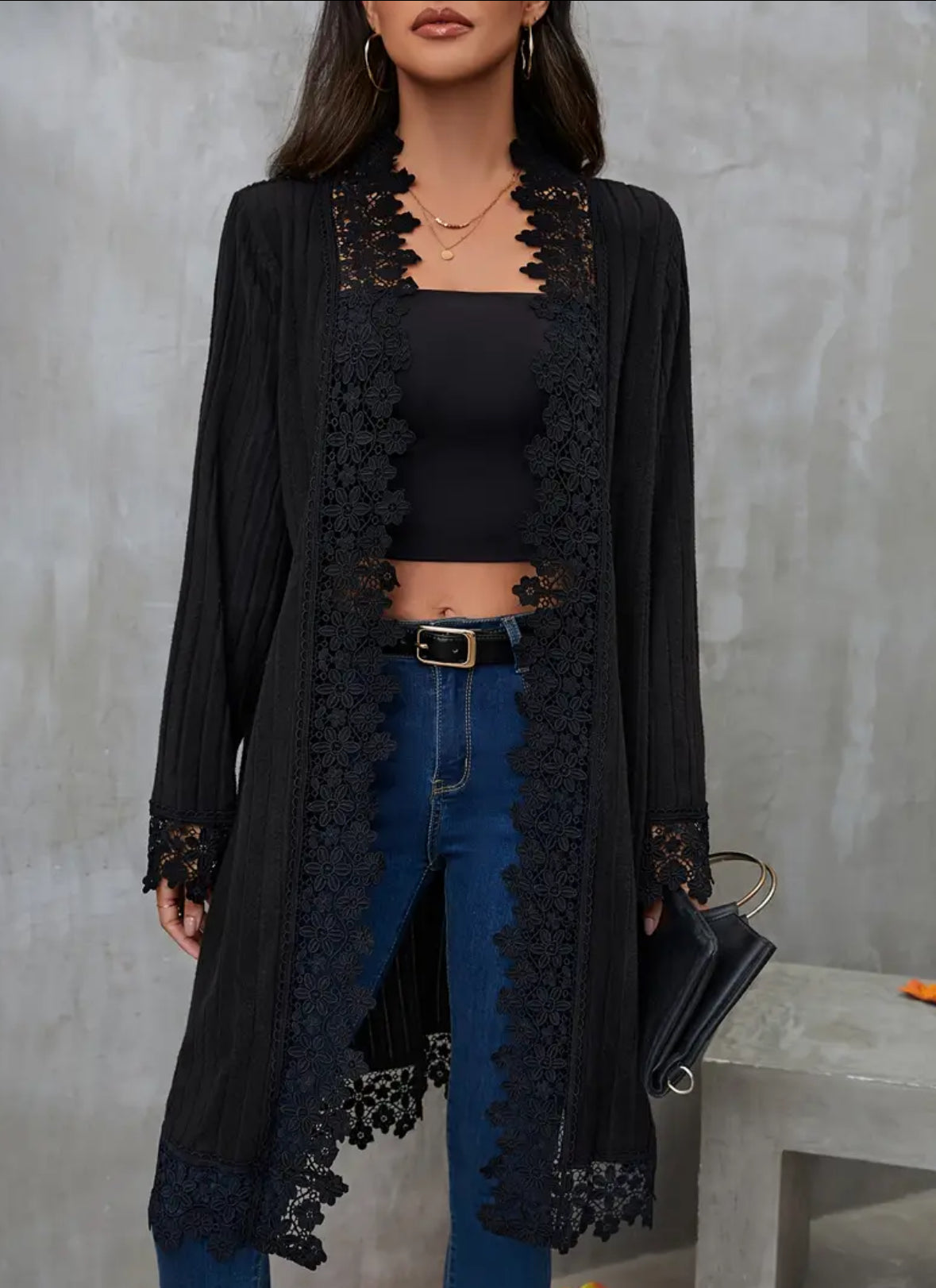 Open Front Lace Trim Mid-Length Cardigan Sweater