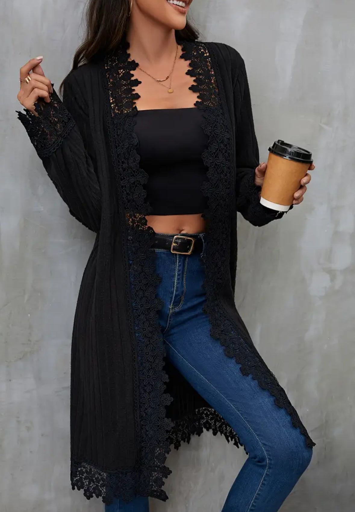 Open Front Lace Trim Mid-Length Cardigan Sweater