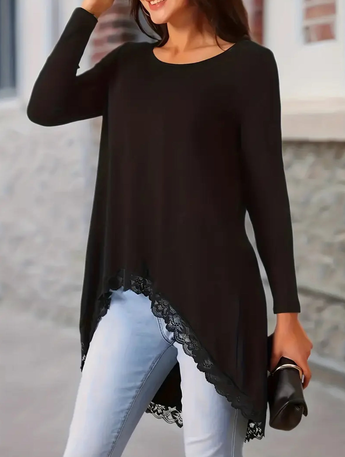 Plus Size Long Sleeve Asymmetrical Lace Hem Top