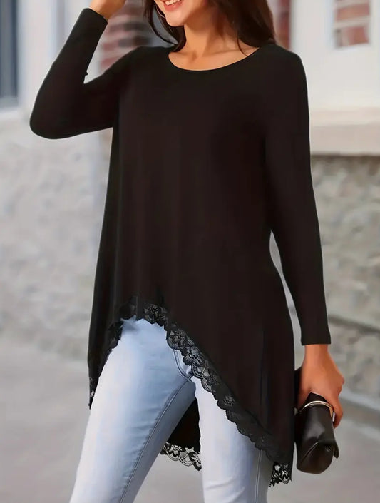 Plus Size Long Sleeve Asymmetrical Lace Hem Top