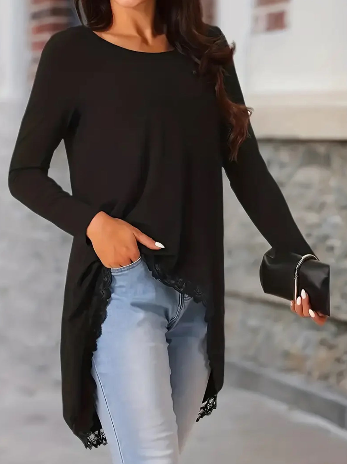 Plus Size Long Sleeve Asymmetrical Lace Hem Top