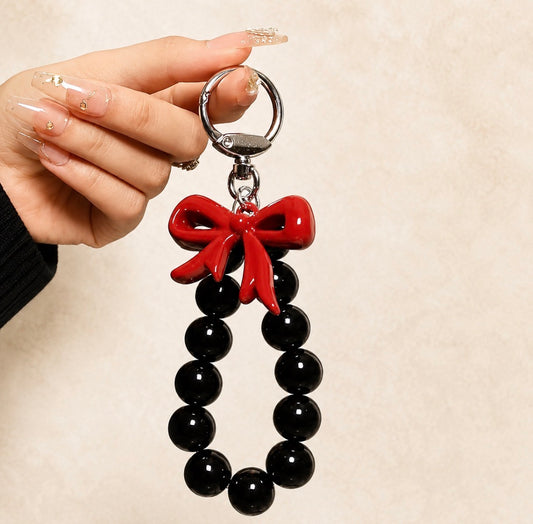 Black Beaded Keychain with Red Heart