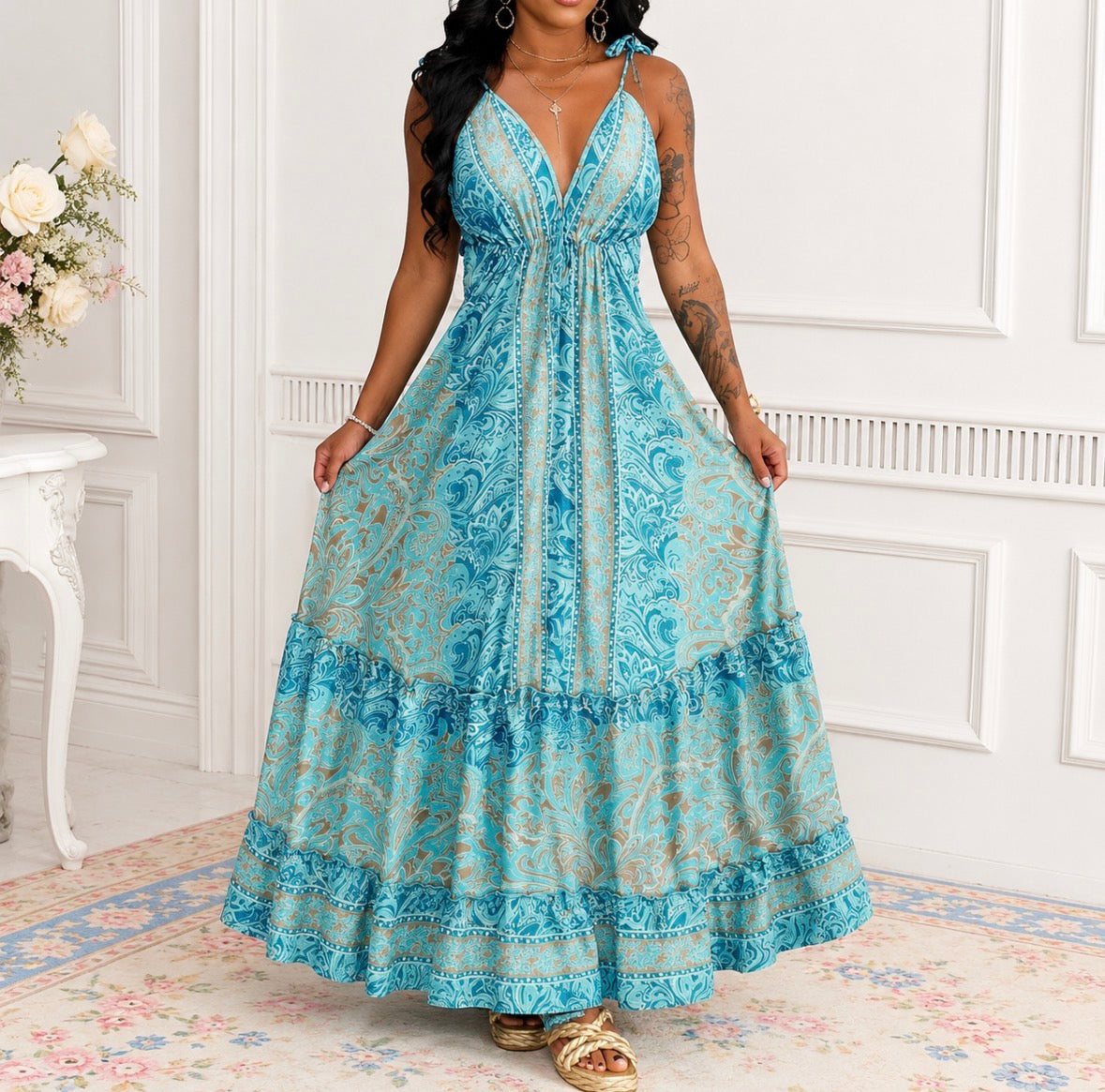 Plus Size V-neck Spaghetti Tie Strap Maxi Dress