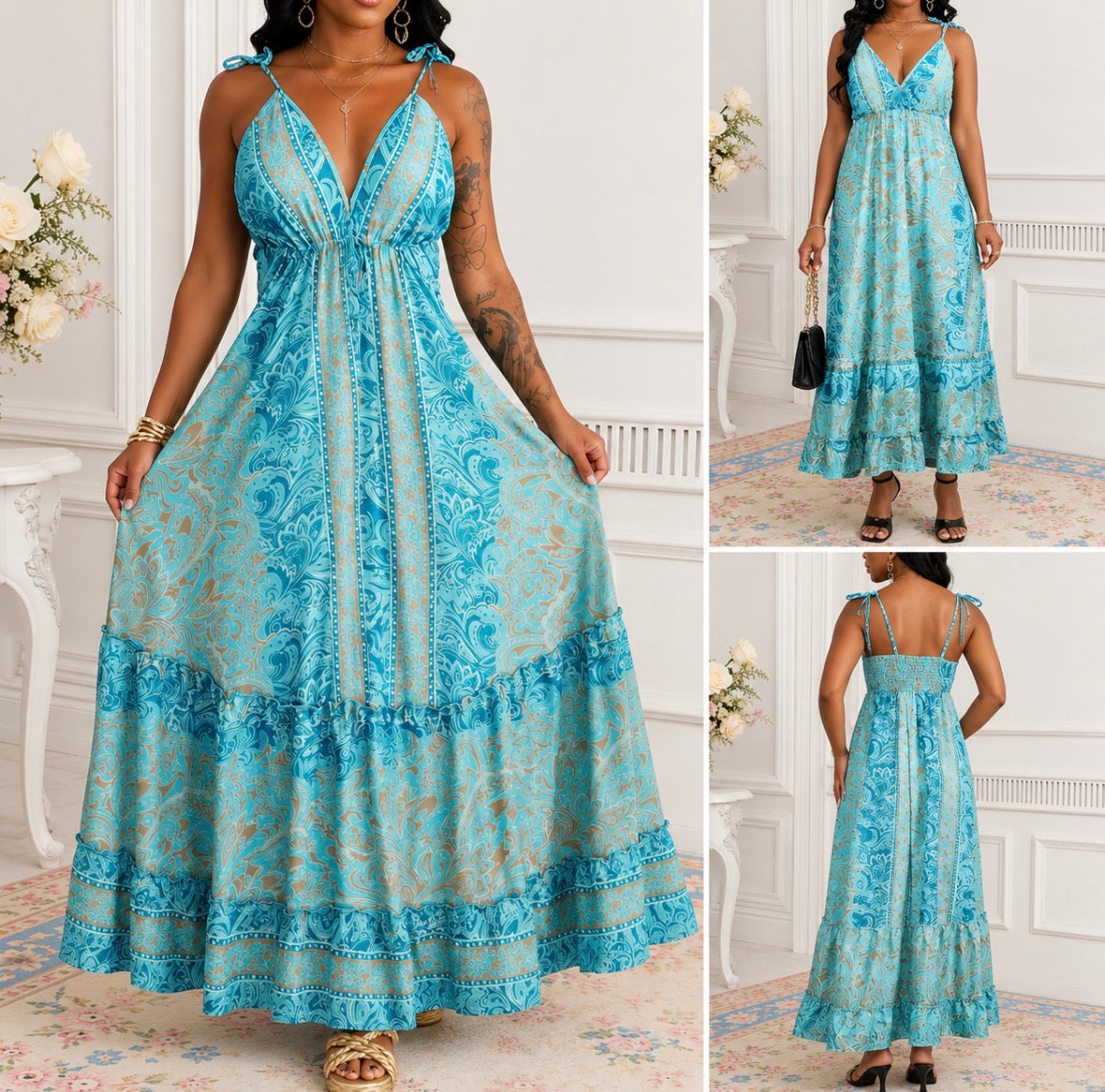 Plus Size V-neck Spaghetti Tie Strap Maxi Dress