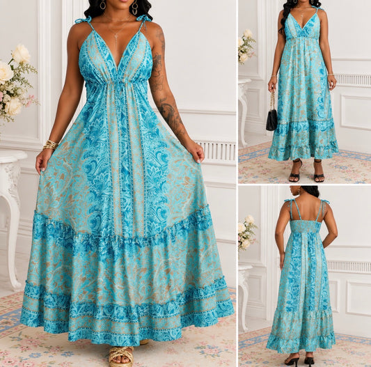 Plus Size V-neck Spaghetti Tie Strap Maxi Dress