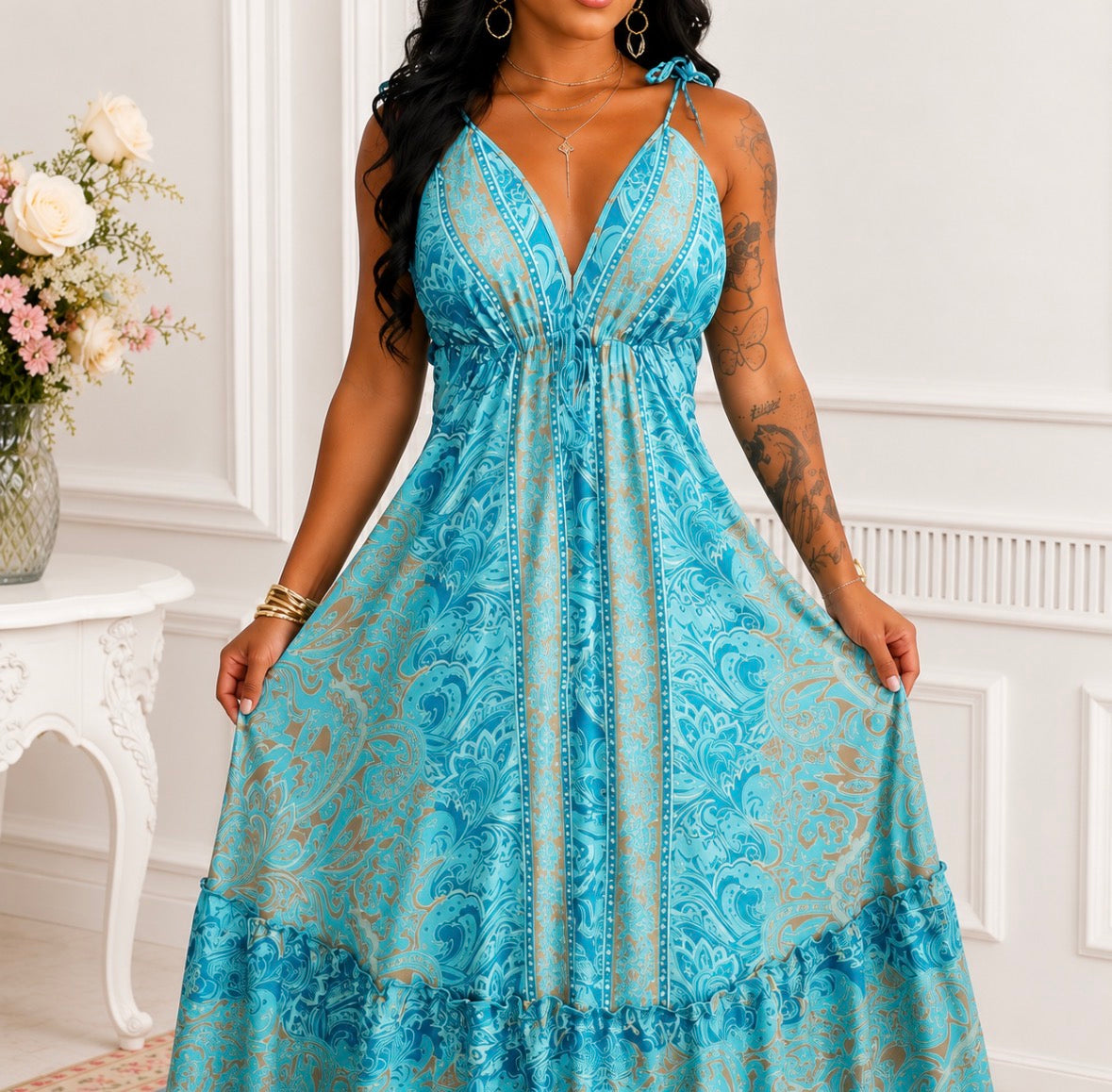 Plus Size V-neck Spaghetti Tie Strap Maxi Dress
