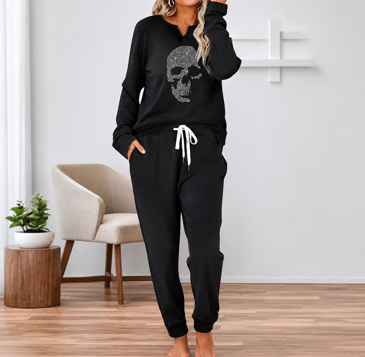 Plus Size 2-piece Loungewear Set with Crystal Skull Pattern