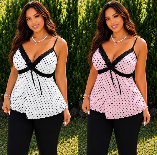 Plus Size Polka Dot Camisole Top with Lace Trim