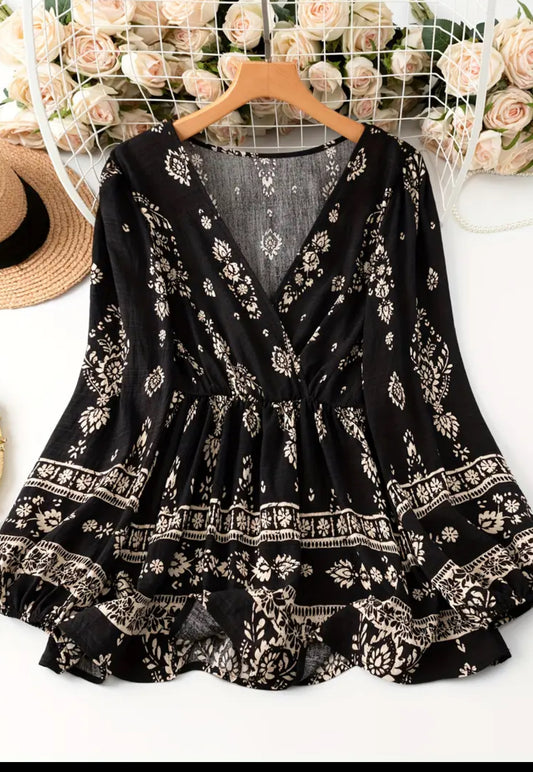 Plus Size V-Neck Blouse with Cross Strap Detail