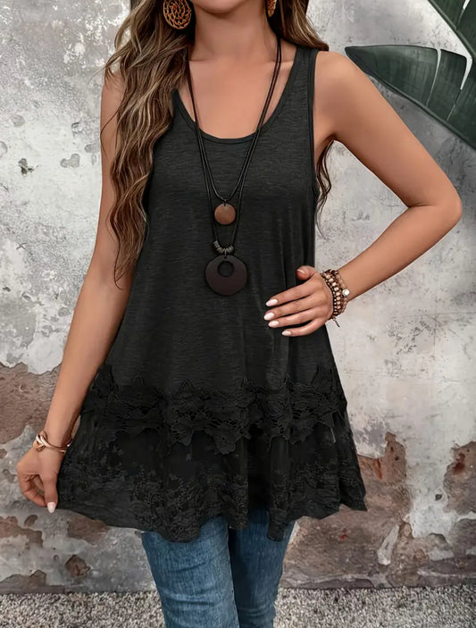 Sleeveless Lace Trim Tank Top with Round Neck