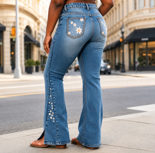 Plus Size Vintage Boho Flared Jeans with Floral Embroidery