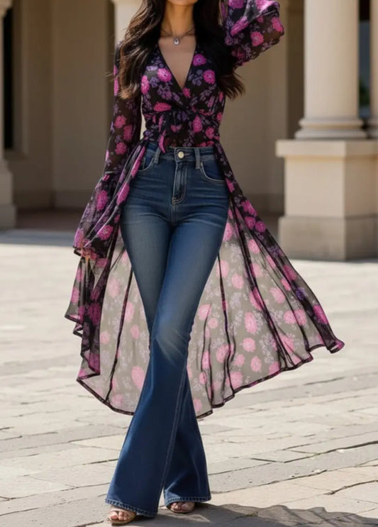 Long Length Floral Wrap Top with Bell Sleeves