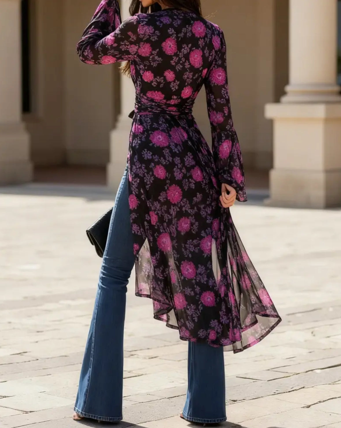 Long Length Floral Wrap Top with Bell Sleeves