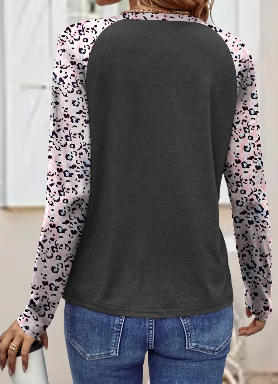 Long Sleeve Pink Leopard Sleeve Top