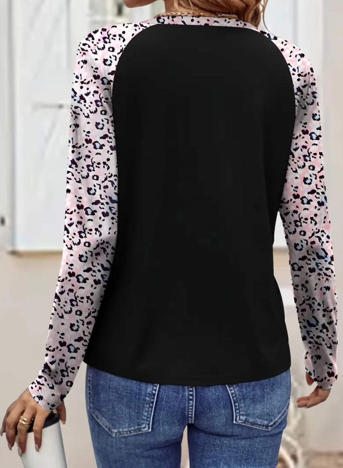 Long Sleeve Pink Leopard Sleeve Top