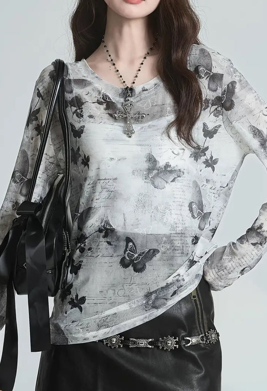 Semi-Sheer Long Sleeve Butterfly Top