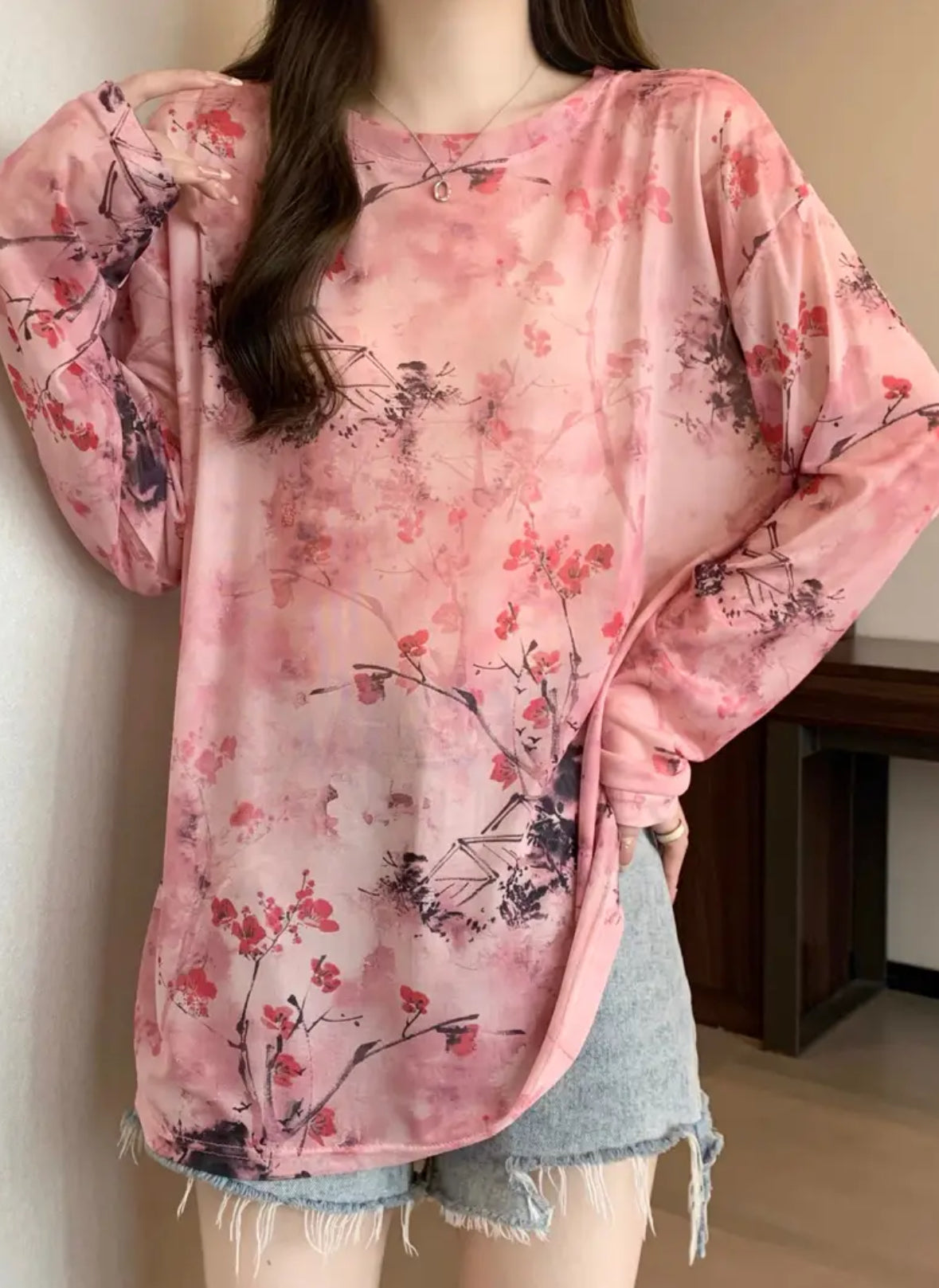 Long Sleeve Floral Mesh T-shirt