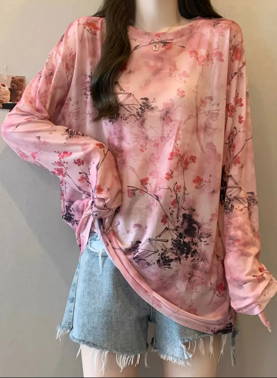 Long Sleeve Floral Mesh T-shirt