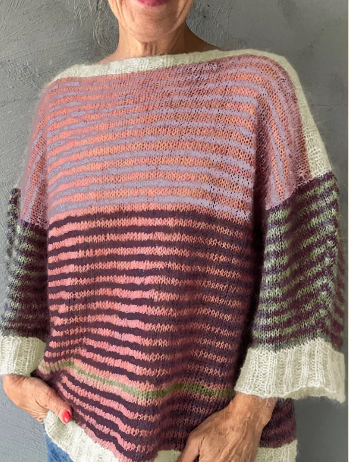 3/4 Length Sleeve Pullover Color-block with Stripes Sweater