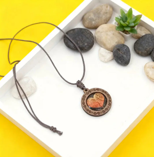 Adjustable Boho Mosaic Wood with Heart Rope Necklace