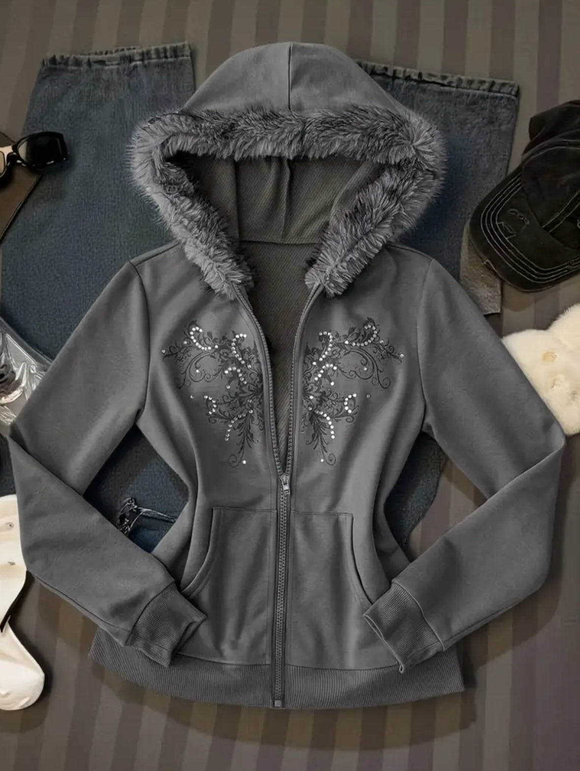 Front Zipper with Faux Fur Hood and Pockets Coat