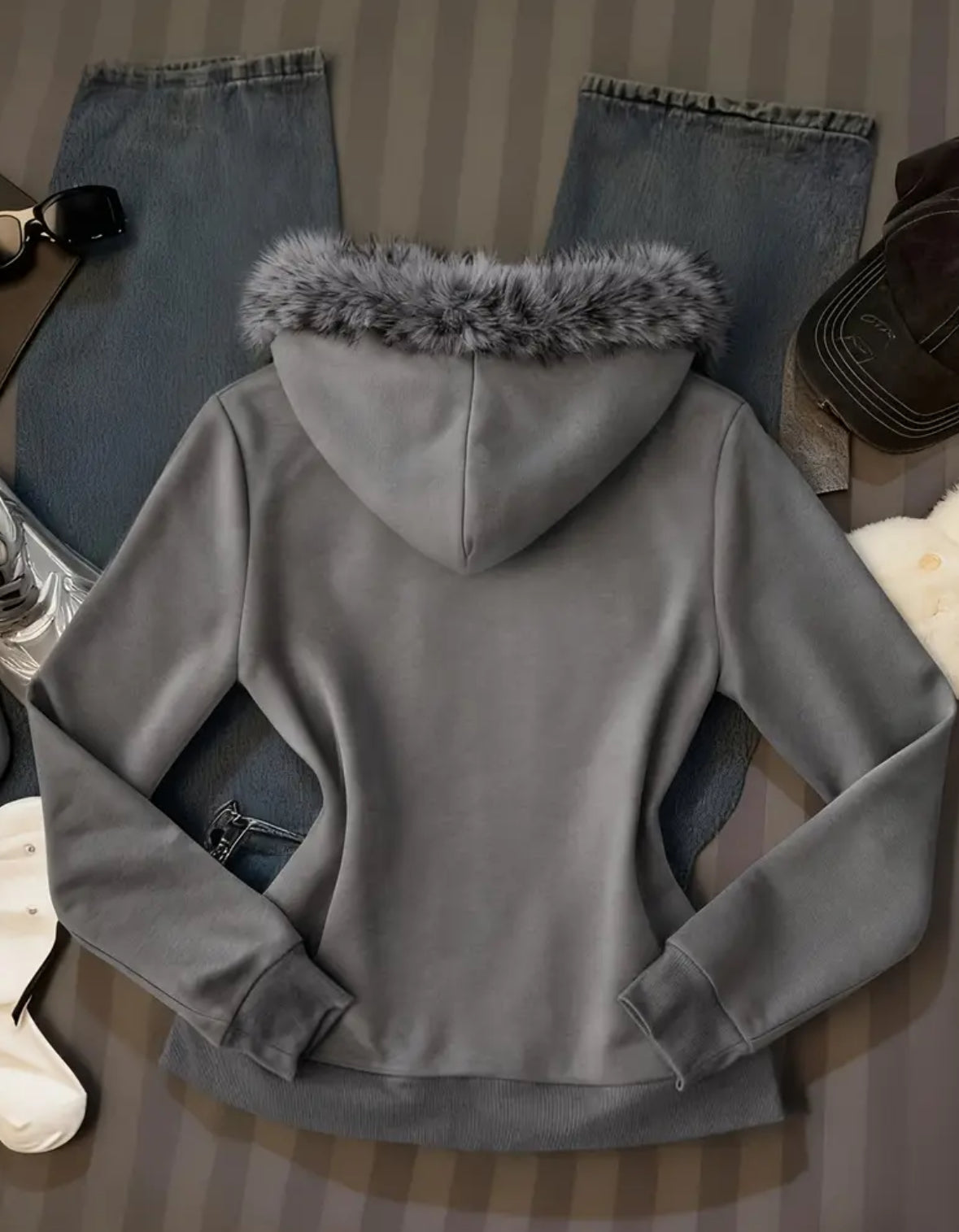 Front Zipper with Faux Fur Hood and Pockets Coat