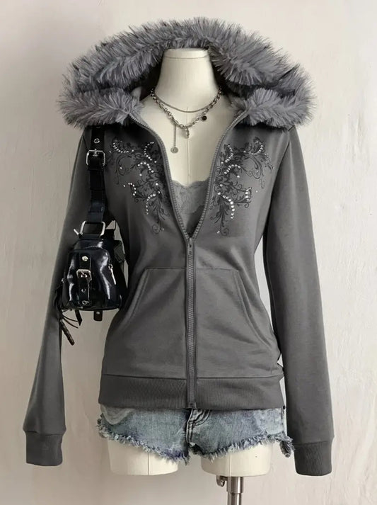 Front Zipper with Faux Fur Hood and Pockets Coat