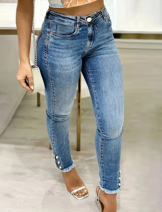 Stretchy Skinny Jeans with Nail-Head Ankle Decorations