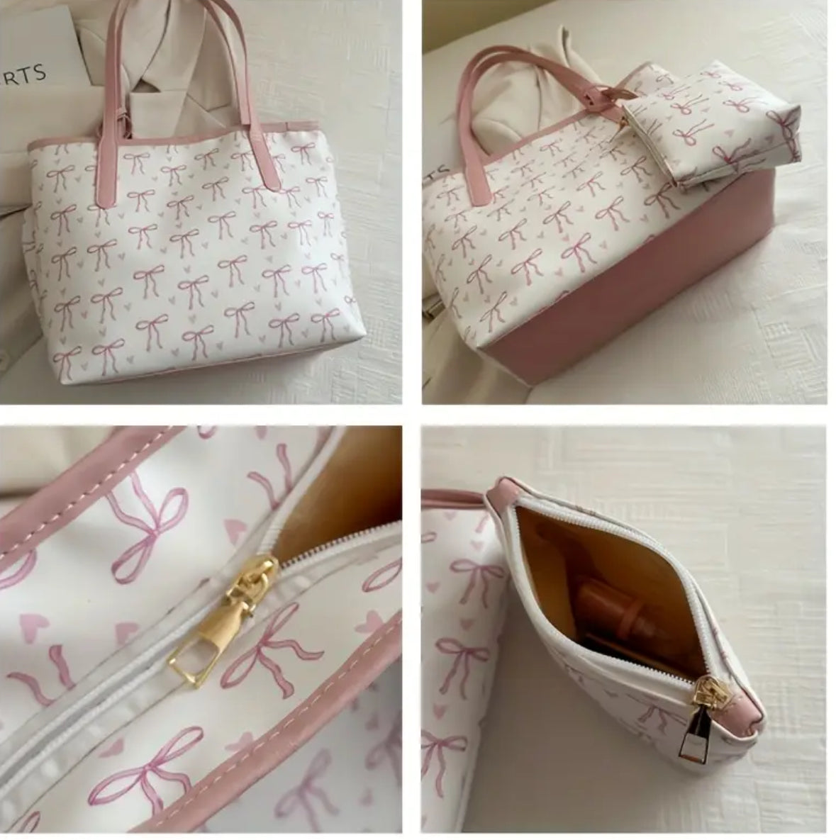 Large Handbag Tote with Handles and Bow Prints