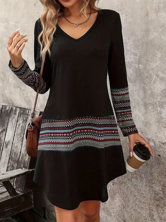 Plus Size Long Sleeve Geometric T-shirt Dress