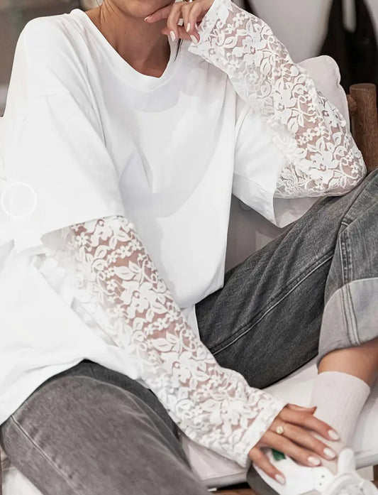 Plus Size 1-piece T-shirt with Built In Lace Sleeves