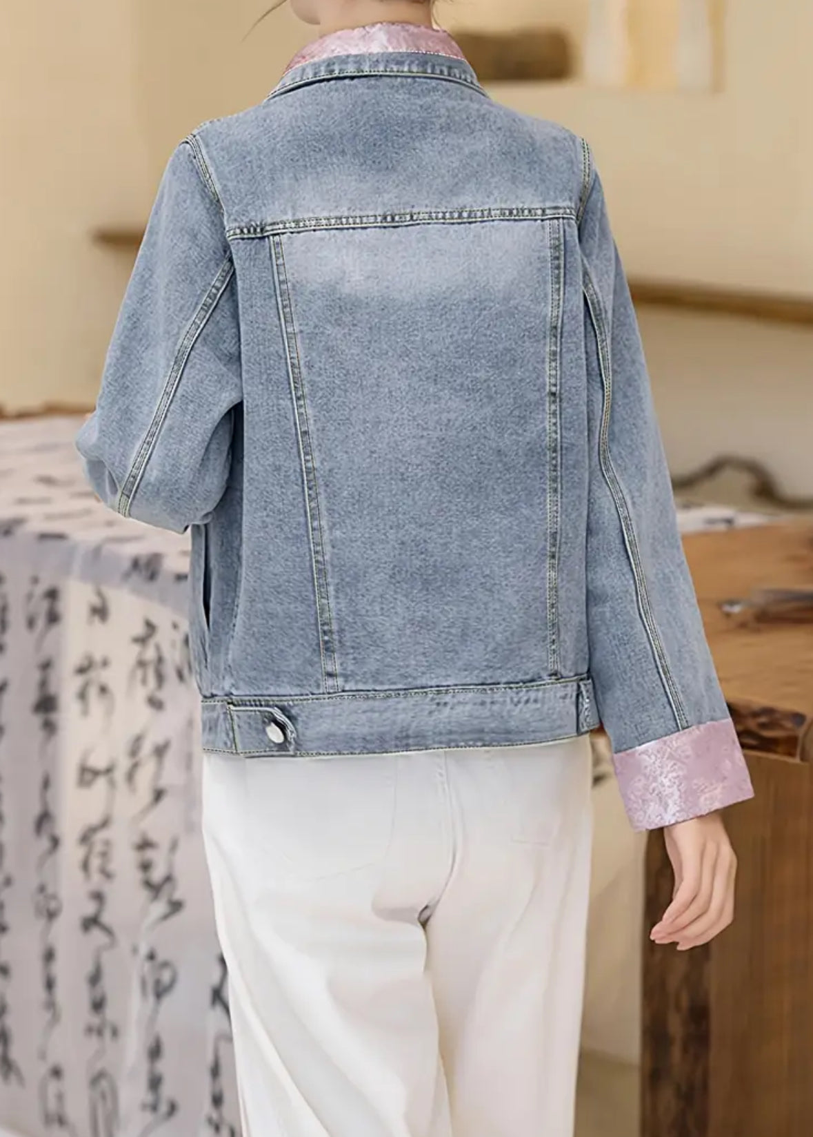 Jean Jacket with Embroidered Pink Trim