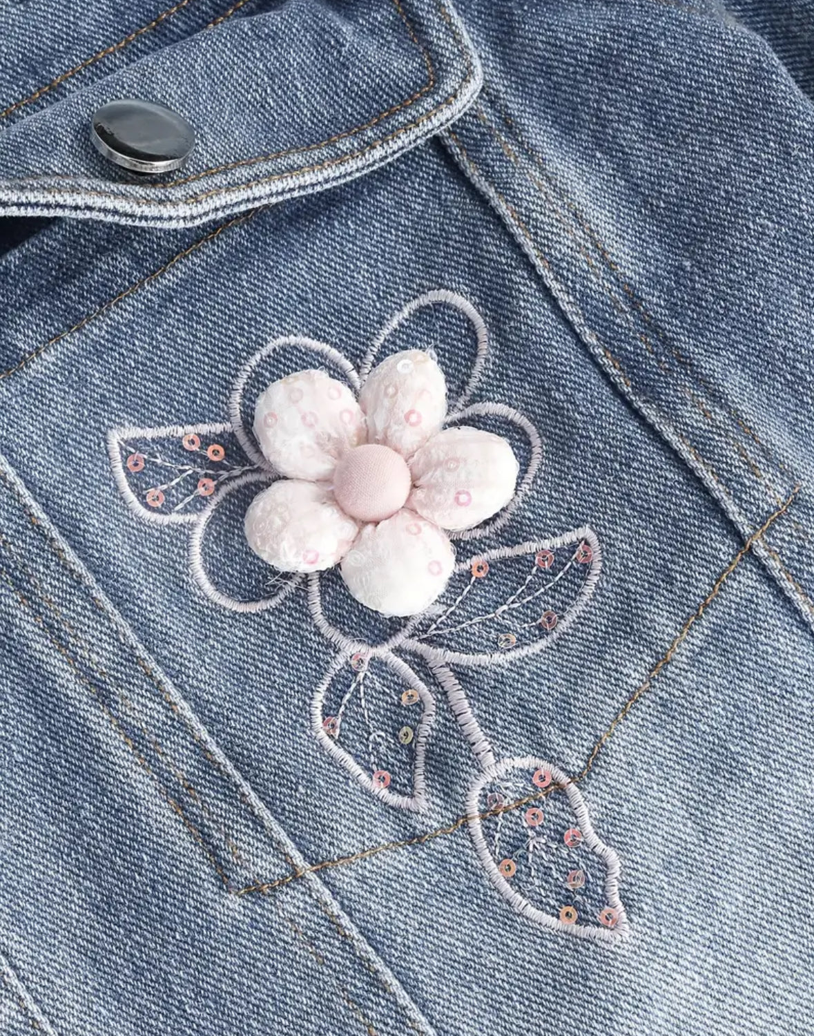 Jean Jacket with Embroidered Pink Trim
