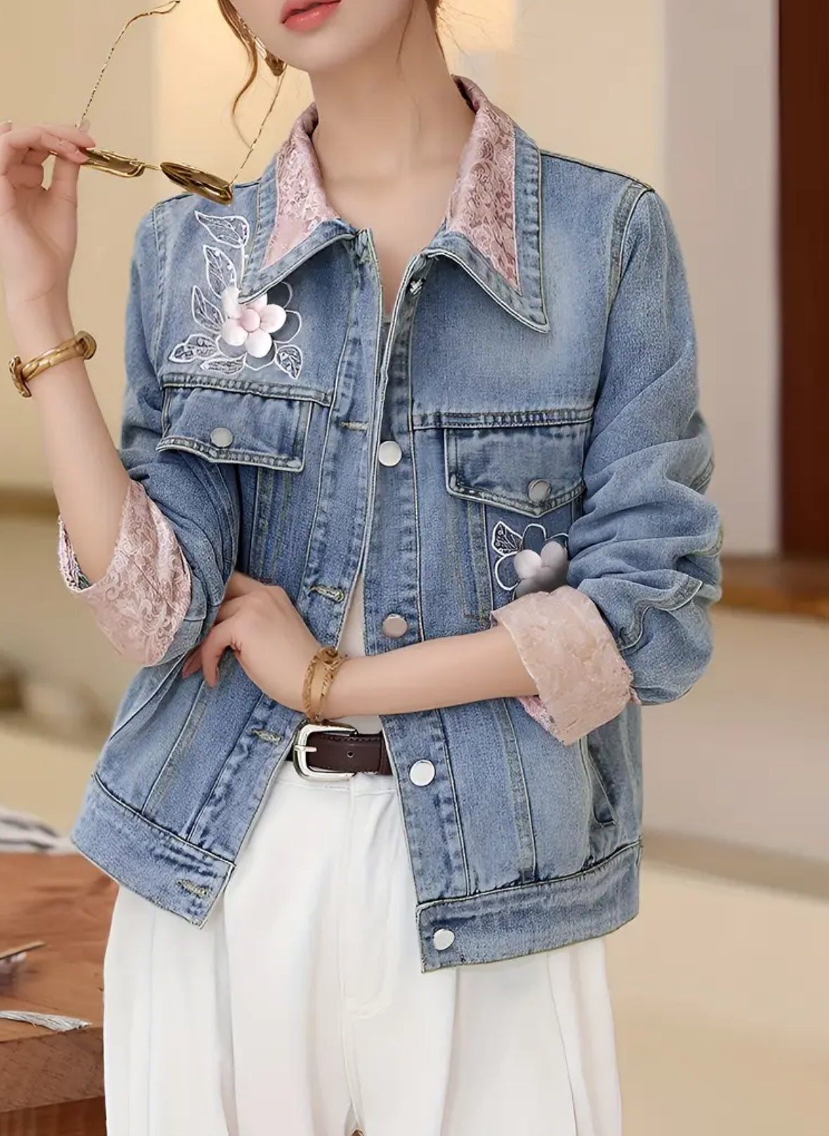 Jean Jacket with Embroidered Pink Trim
