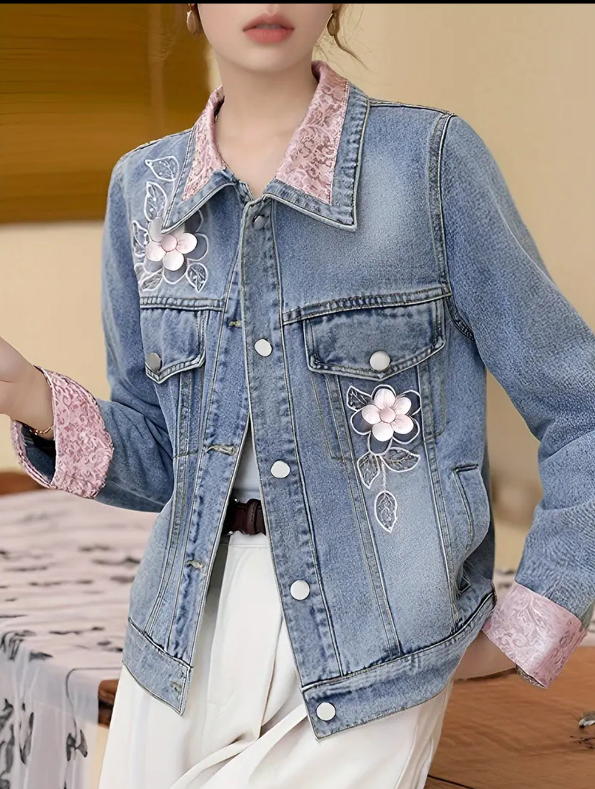 Jean Jacket with Embroidered Pink Trim