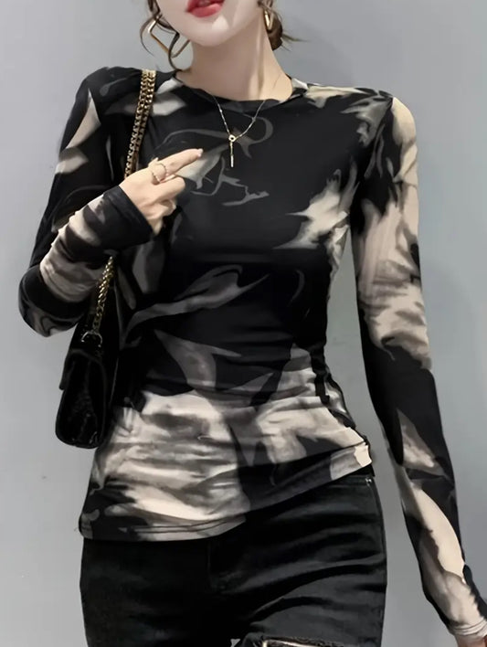 Long Sleeve Color Block  Mesh Top