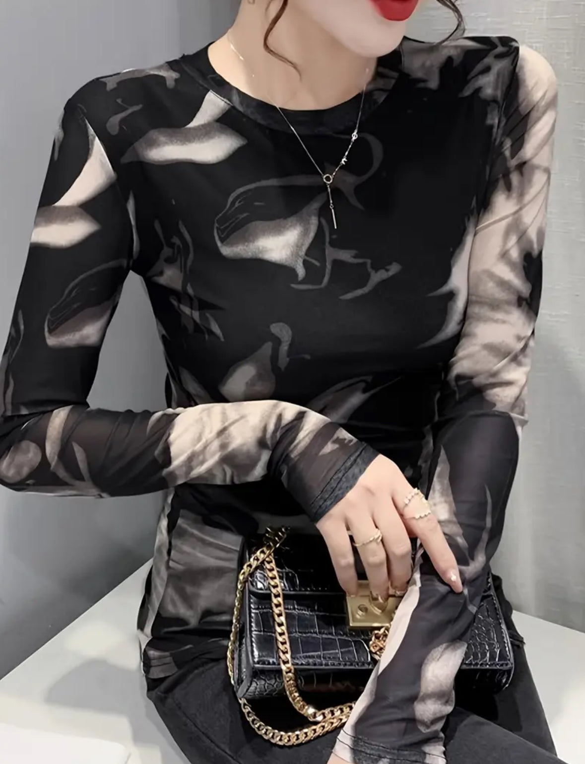 Long Sleeve Color Block  Mesh Top