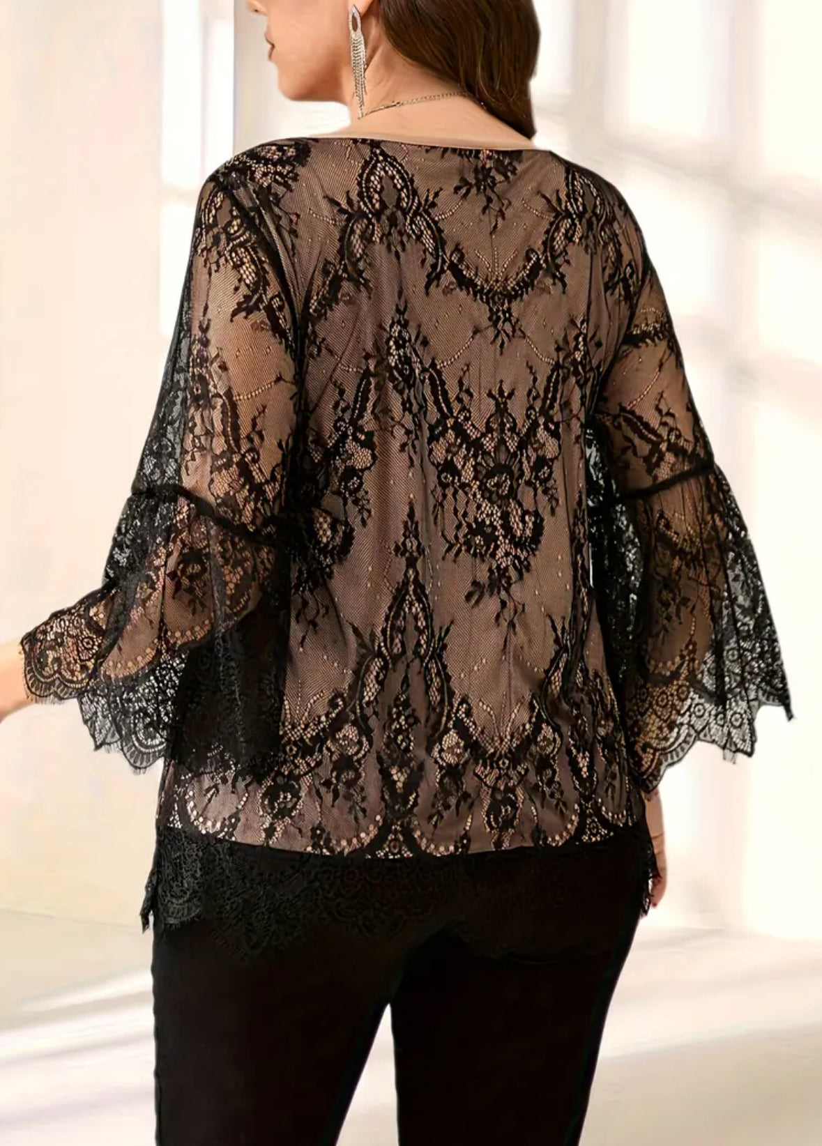 Plus Size Lace Blouse with Bell Sleeves