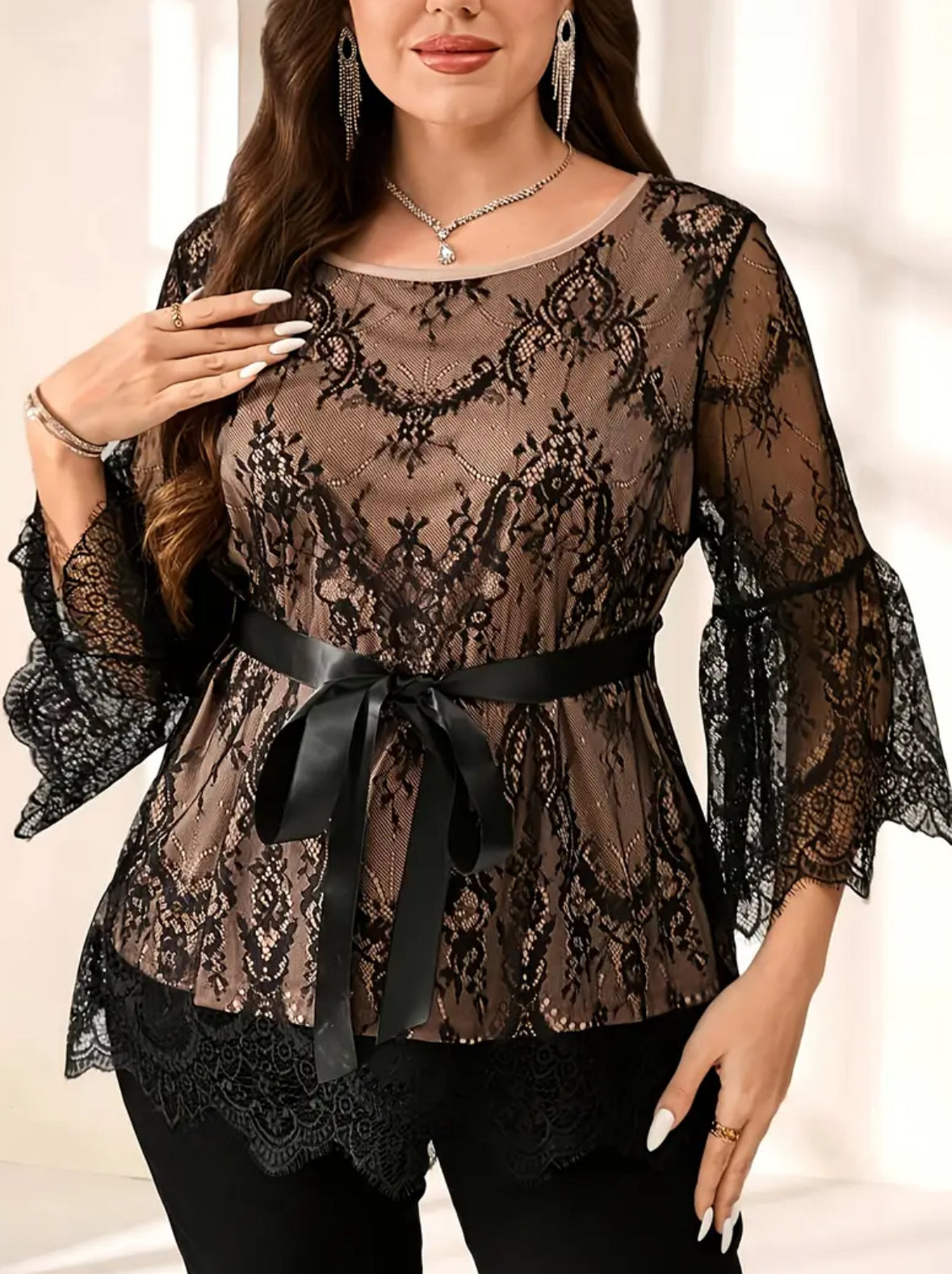 Plus Size Lace Blouse with Bell Sleeves